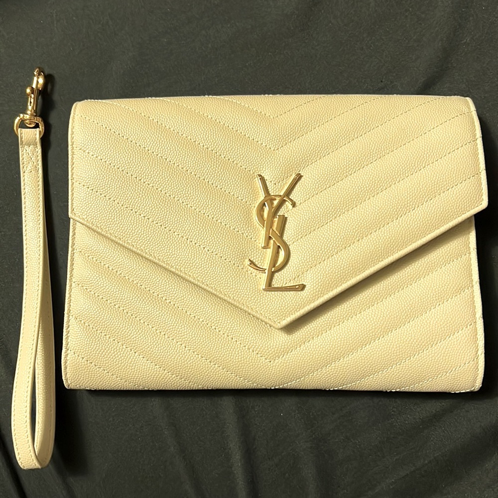 SOLD YSL Monogram Clutch in Quilted Grain De Poudre Embossed Leather